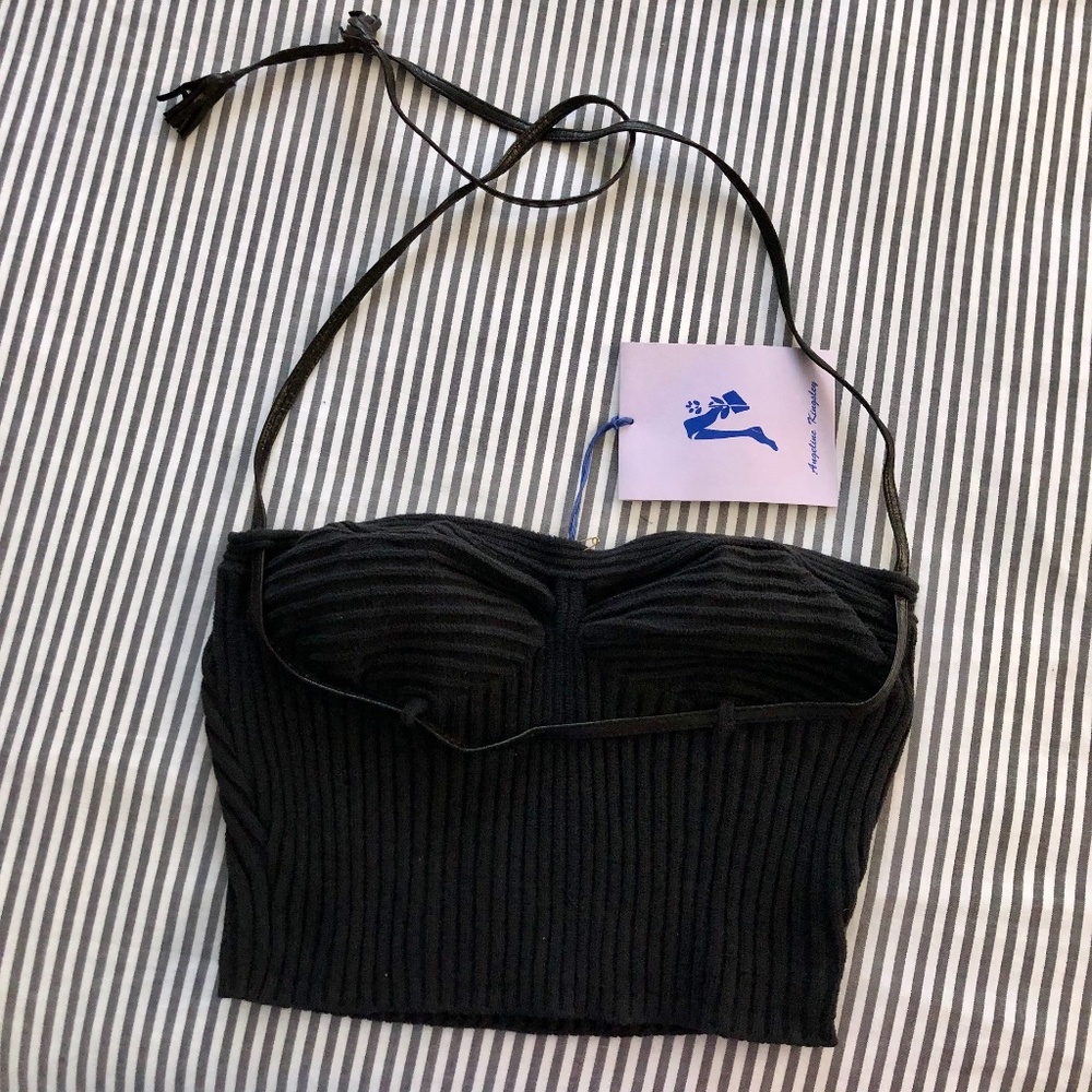 Angeline Kingsley Black Ribbed Stretch Crop Top NWT